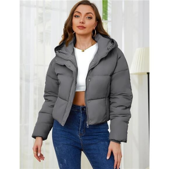 Womens Cropped Puffer Jacket Hooded Zip Up Grey - Picture 5 of 6